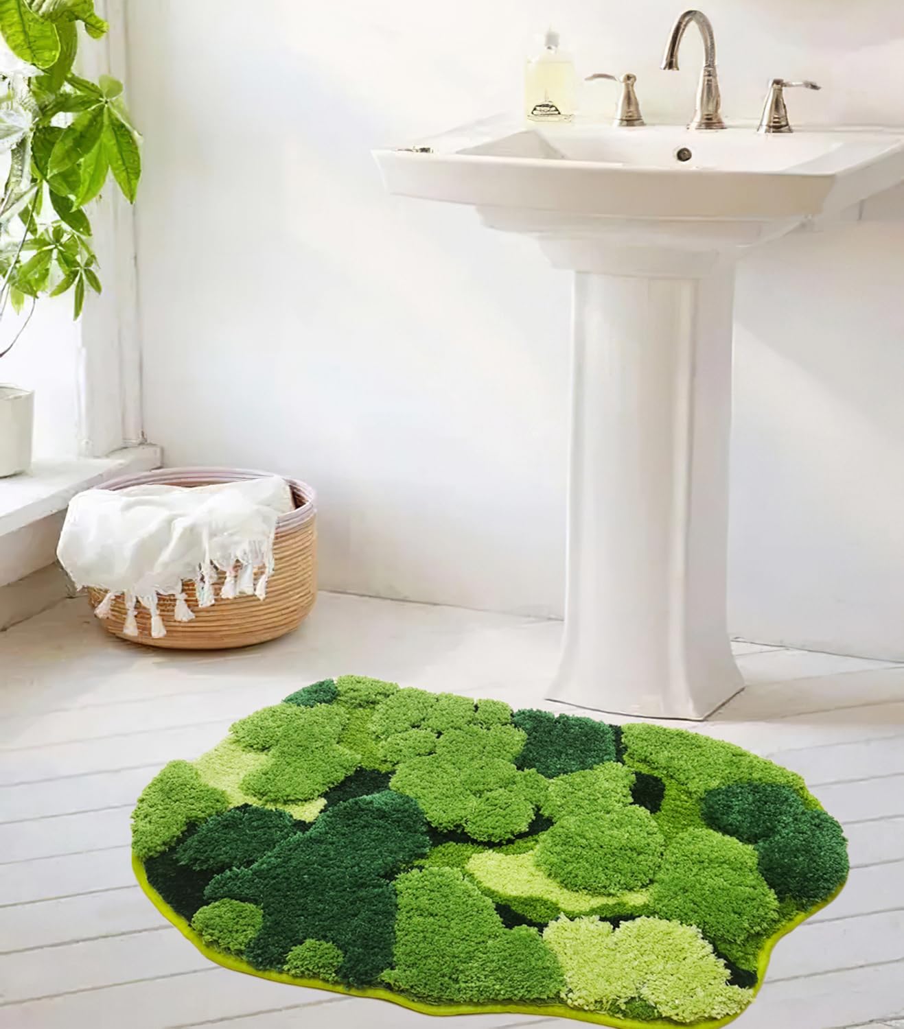 Hifuwan Cute Green Moss Shag Bathroom Rugs Leaf Bath Mats for Bathroom Decor Aesthetic Leaves Soft Non Slip Washable Aabsorbent Floor Carpet Boho Indoor Shower Mat Doormat