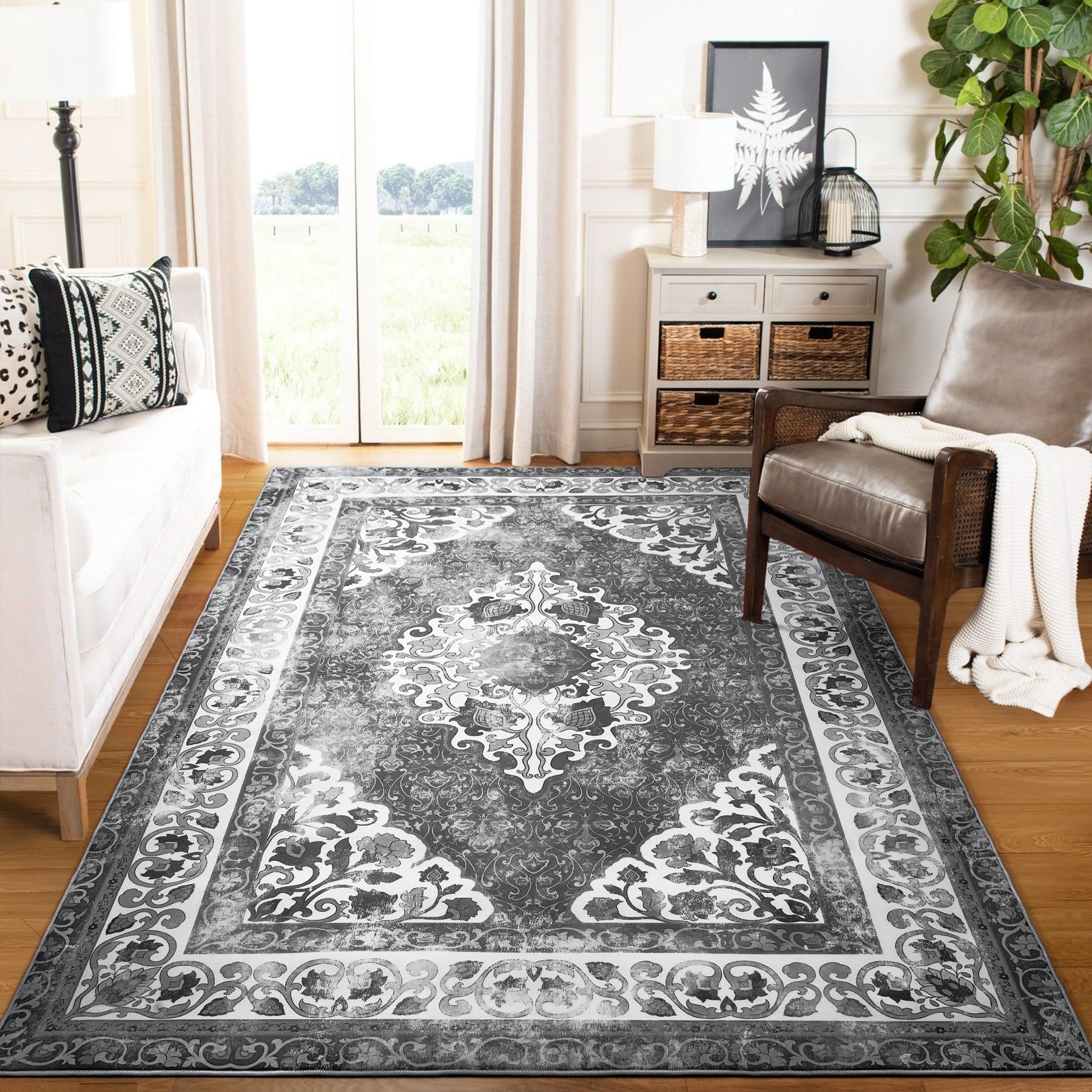 B BENRON Soft Living Room Rug 4x6,Grey,Thin Rugs for Bedroom,Floral Rug with Memory Foam, Low-pile Area Rug Home Decor