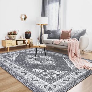 B BENRON Soft Living Room Rug 4x6,Grey,Thin Rugs for Bedroom,Floral Rug with Memory Foam, Low-pile Area Rug Home Decor