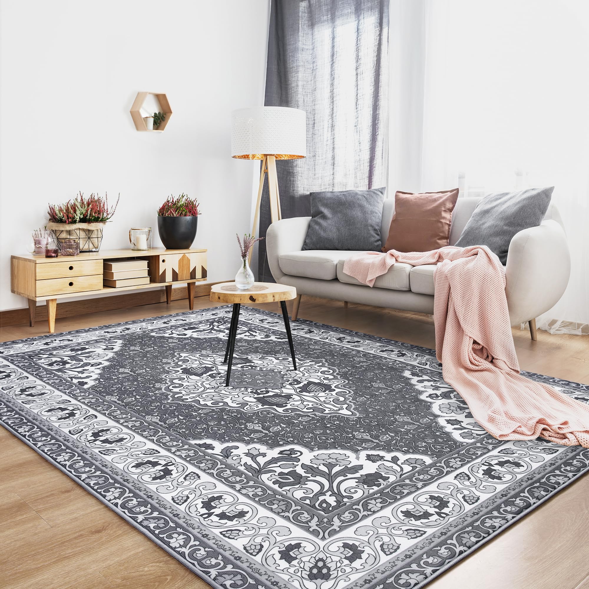 B BENRON Soft Living Room Rug 4x6,Grey,Thin Rugs for Bedroom,Floral Rug with Memory Foam, Low-pile Area Rug Home Decor