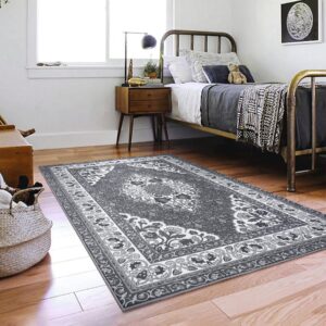 B BENRON Soft Living Room Rug 4x6,Grey,Thin Rugs for Bedroom,Floral Rug with Memory Foam, Low-pile Area Rug Home Decor