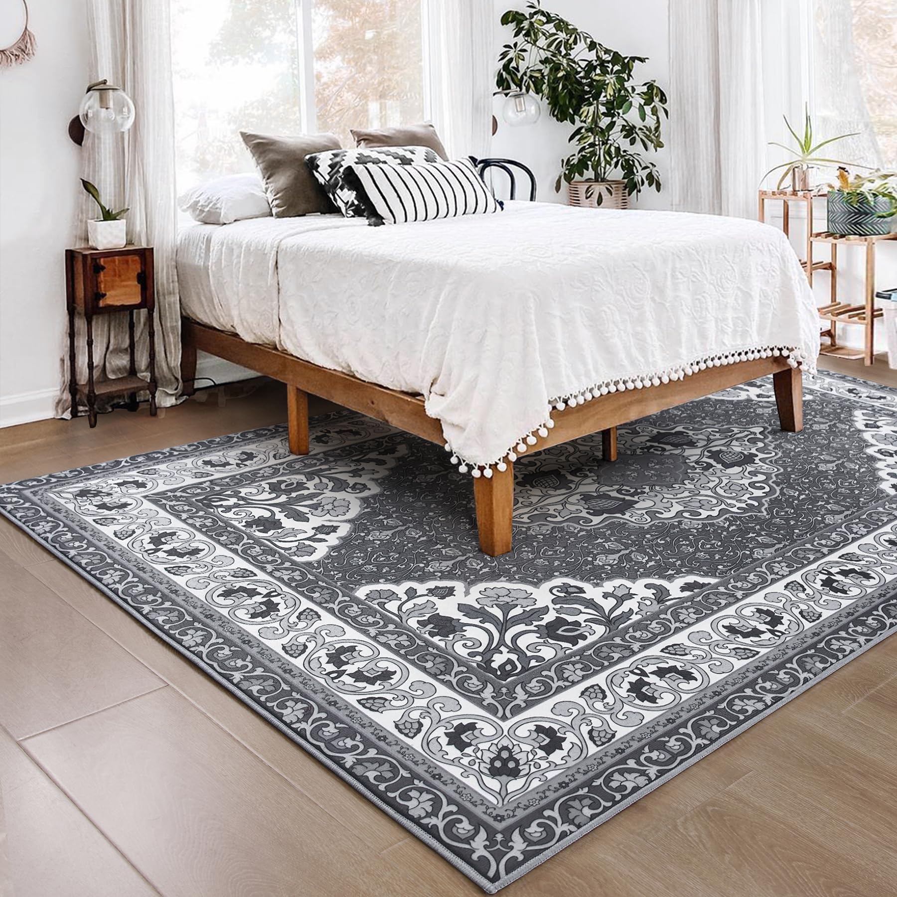 B BENRON Soft Living Room Rug 4x6,Grey,Thin Rugs for Bedroom,Floral Rug with Memory Foam, Low-pile Area Rug Home Decor