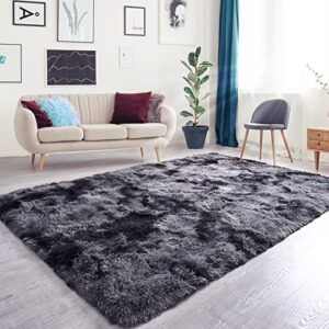 QXKAKA Soft Tie Dye Dark Grey 4x6 Area Rugs for Living Room Bedroom, Shag Shaggy Floor Rug Fuzzy Fluffy Carpet Soft Plush Furry Rug, Machine Washable Large Rug for Kids Home Decor Aesthetic