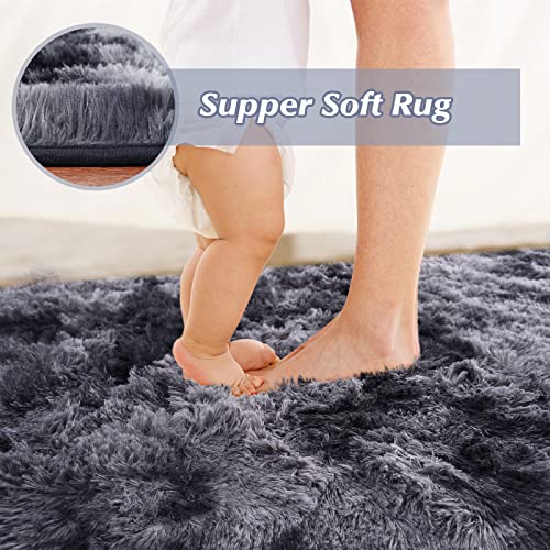 QXKAKA Soft Tie Dye Dark Grey 4x6 Area Rugs for Living Room Bedroom, Shag Shaggy Floor Rug Fuzzy Fluffy Carpet Soft Plush Furry Rug, Machine Washable Large Rug for Kids Home Decor Aesthetic