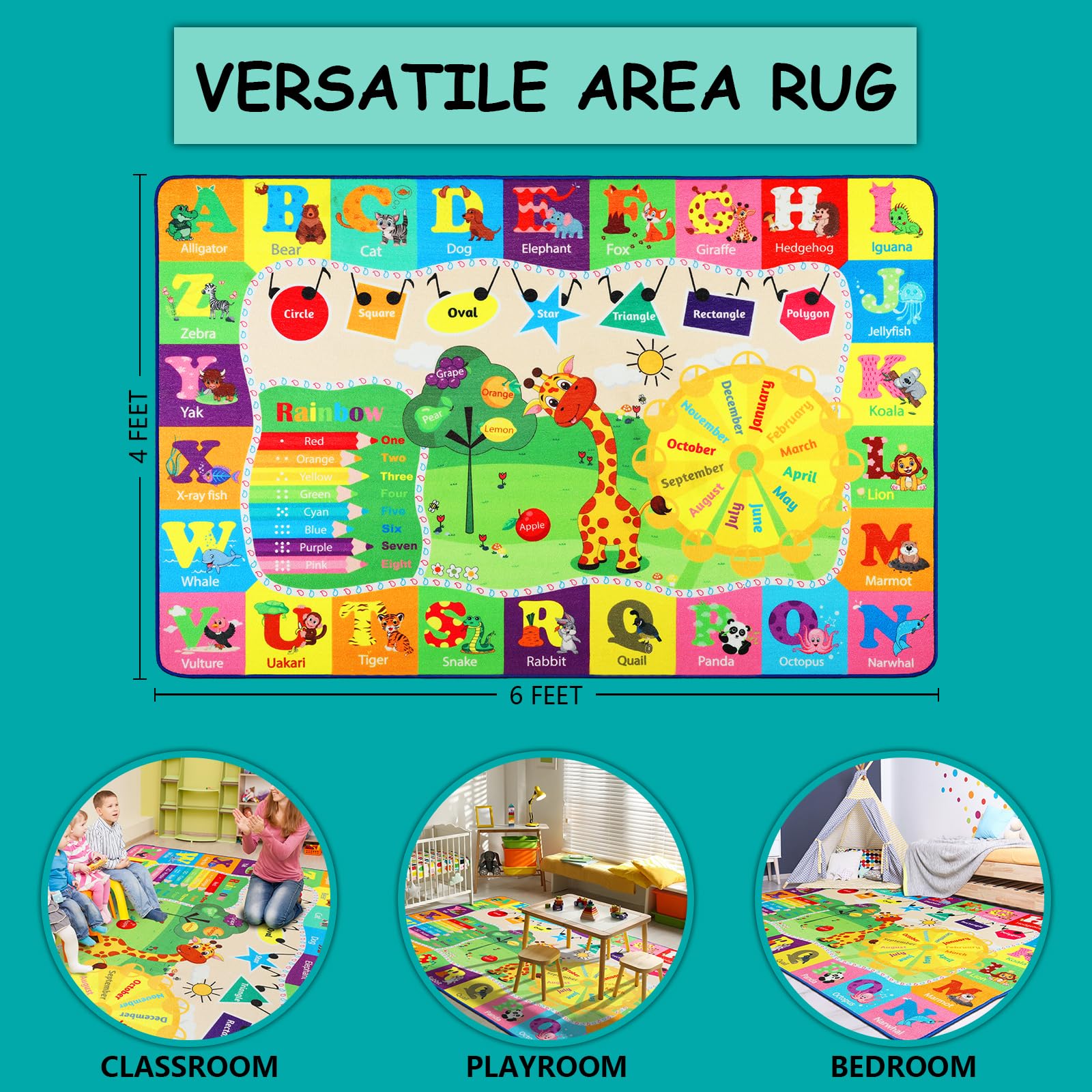 B BENRON Kids Rug Cute Playroom Rug with ABC Alphabet Animals Classroom Rug Educational and Fun 4x6 Area Rugs for Baby Toddler Children Learning Girls Boys Bedroom Nursery Rug Washable