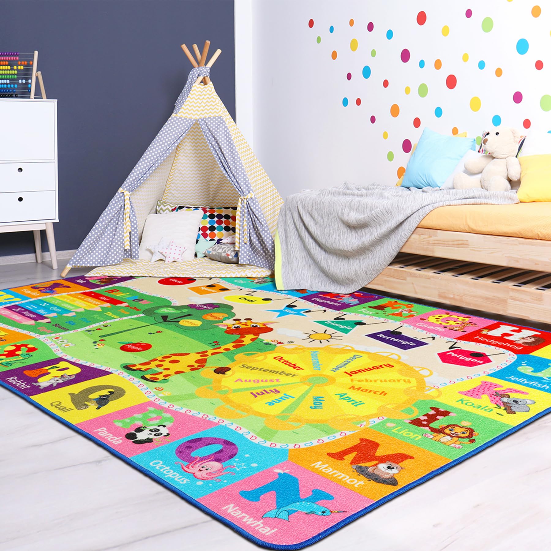 B BENRON Kids Rug Cute Playroom Rug with ABC Alphabet Animals Classroom Rug Educational and Fun 4x6 Area Rugs for Baby Toddler Children Learning Girls Boys Bedroom Nursery Rug Washable