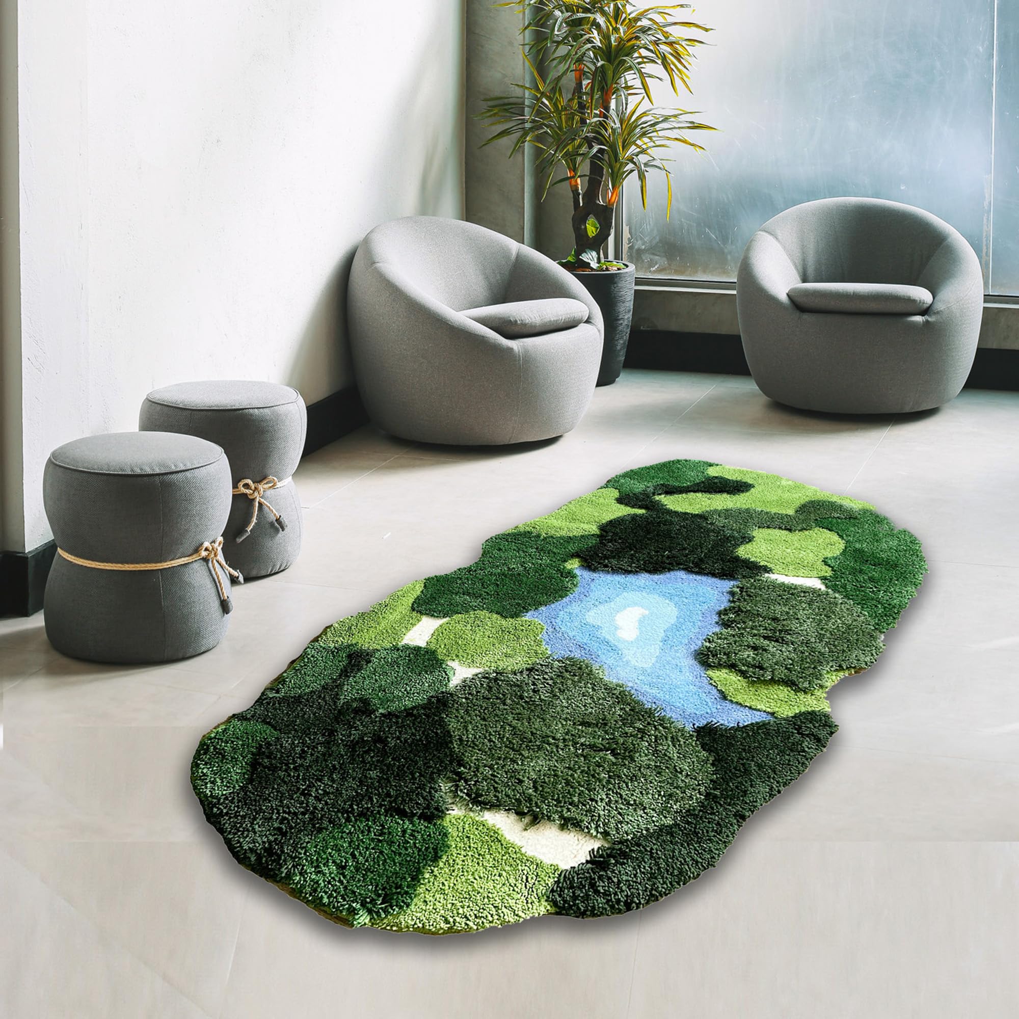 THRILRUG 20x35 Inch 3D Moss Rug,Shag Carpet Leaf Area Bathroom Rugs Non Slip Bath Mat Tufted Rug,Ultra Soft Washable Children Play Plant Leaves Shaped Kids Pets Floor Mat for Bedroom,Living Room Green