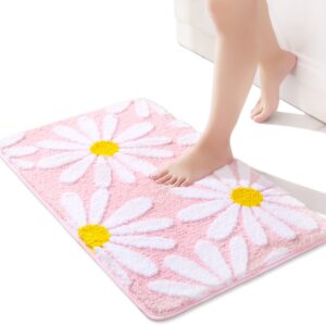 qjhomo pink bathroom rugs cute daisy bath mat white and yellow flower decor rug non slip floor carpet microfiber bathmat super absorbent machine washable bathtub mats for shower (16x24 inch)