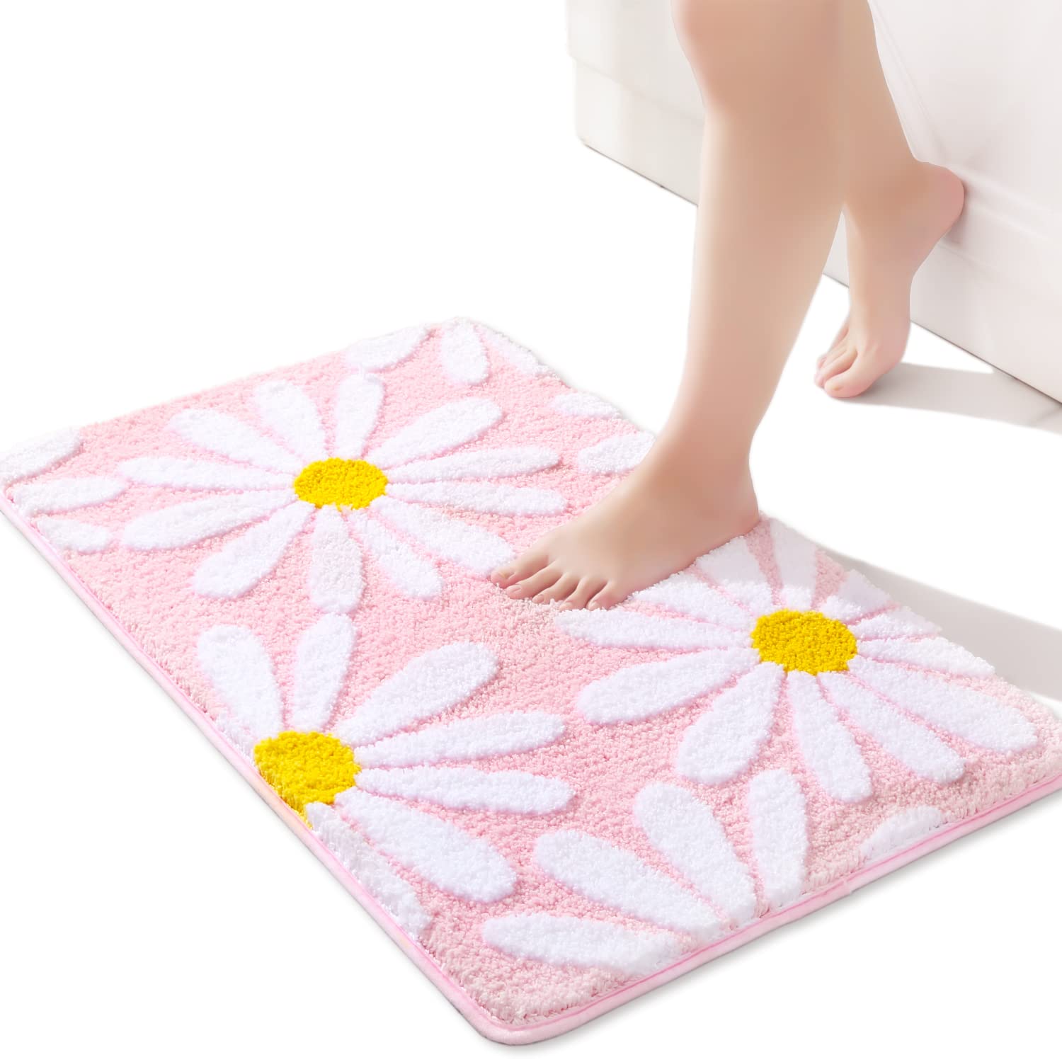 QJHOMO Pink Bathroom Rugs Cute Daisy Bath Mat White and Yellow Flower Decor Rug Non Slip Floor Carpet Microfiber Bathmat Super Absorbent Machine Washable Bathtub Mats for Shower (16x24 inch)