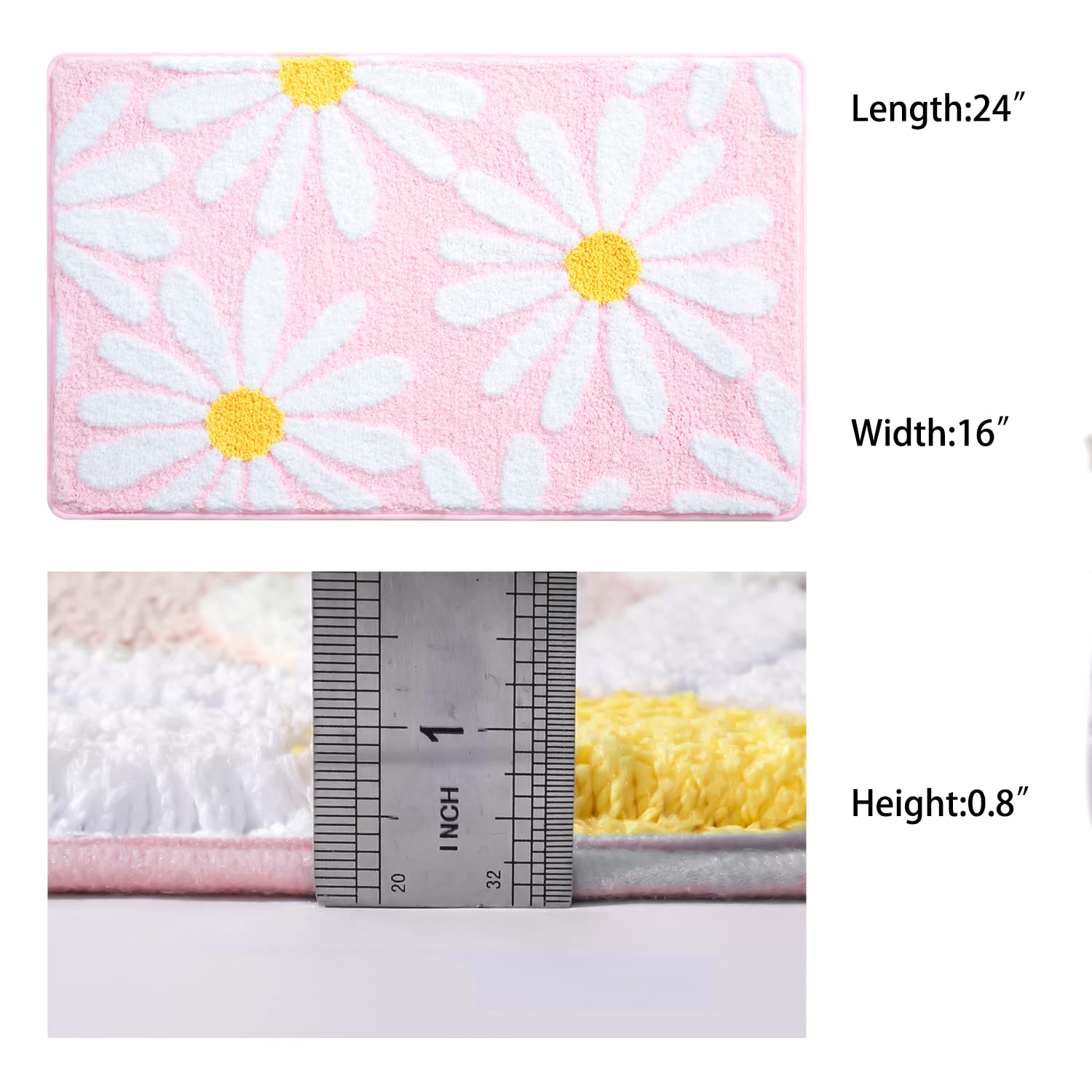 QJHOMO Pink Bathroom Rugs Cute Daisy Bath Mat White and Yellow Flower Decor Rug Non Slip Floor Carpet Microfiber Bathmat Super Absorbent Machine Washable Bathtub Mats for Shower (16x24 inch)