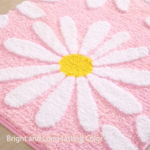 QJHOMO Pink Bathroom Rugs Cute Daisy Bath Mat White and Yellow Flower Decor Rug Non Slip Floor Carpet Microfiber Bathmat Super Absorbent Machine Washable Bathtub Mats for Shower (16x24 inch)