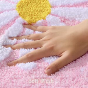 QJHOMO Pink Bathroom Rugs Cute Daisy Bath Mat White and Yellow Flower Decor Rug Non Slip Floor Carpet Microfiber Bathmat Super Absorbent Machine Washable Bathtub Mats for Shower (16x24 inch)