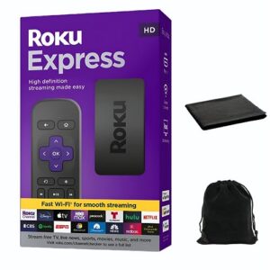 roku express (new) | hd roku streaming device with simple remote (no tv controls), free & live tv, includes cleaning cloth and carrying pouch