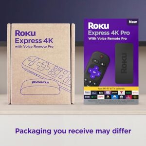 Roku Express 4K Pro with Voice Remote Pro - Roku Streaming Device 4K/HDR, Rechargeable Roku Remote, Hands-Free Controls, Lost Remote Finder, Free & Live TV - Amazon Exclusive