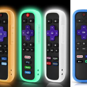 4 Pack Remote Cover for Roku, Case for Hisense/TCL Roku TV Steaming Stick/Express Universal Replacement Controller Silicone Sleeve Skin Glow in The Dark Orange White Light Green Blue with Lanyards