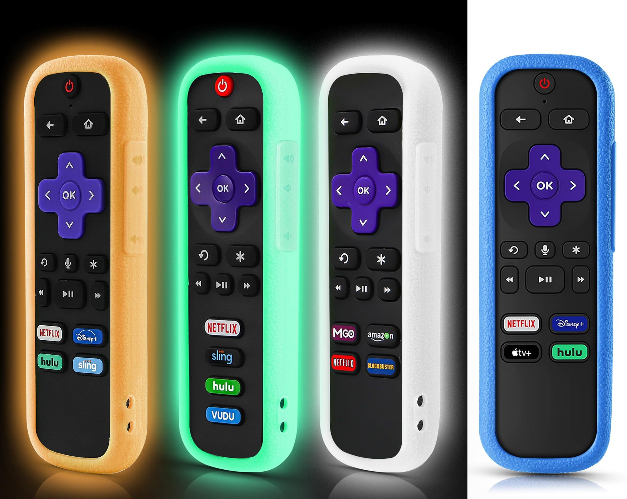 4 Pack Remote Cover for Roku, Case for Hisense/TCL Roku TV Steaming Stick/Express Universal Replacement Controller Silicone Sleeve Skin Glow in The Dark Orange White Light Green Blue with Lanyards