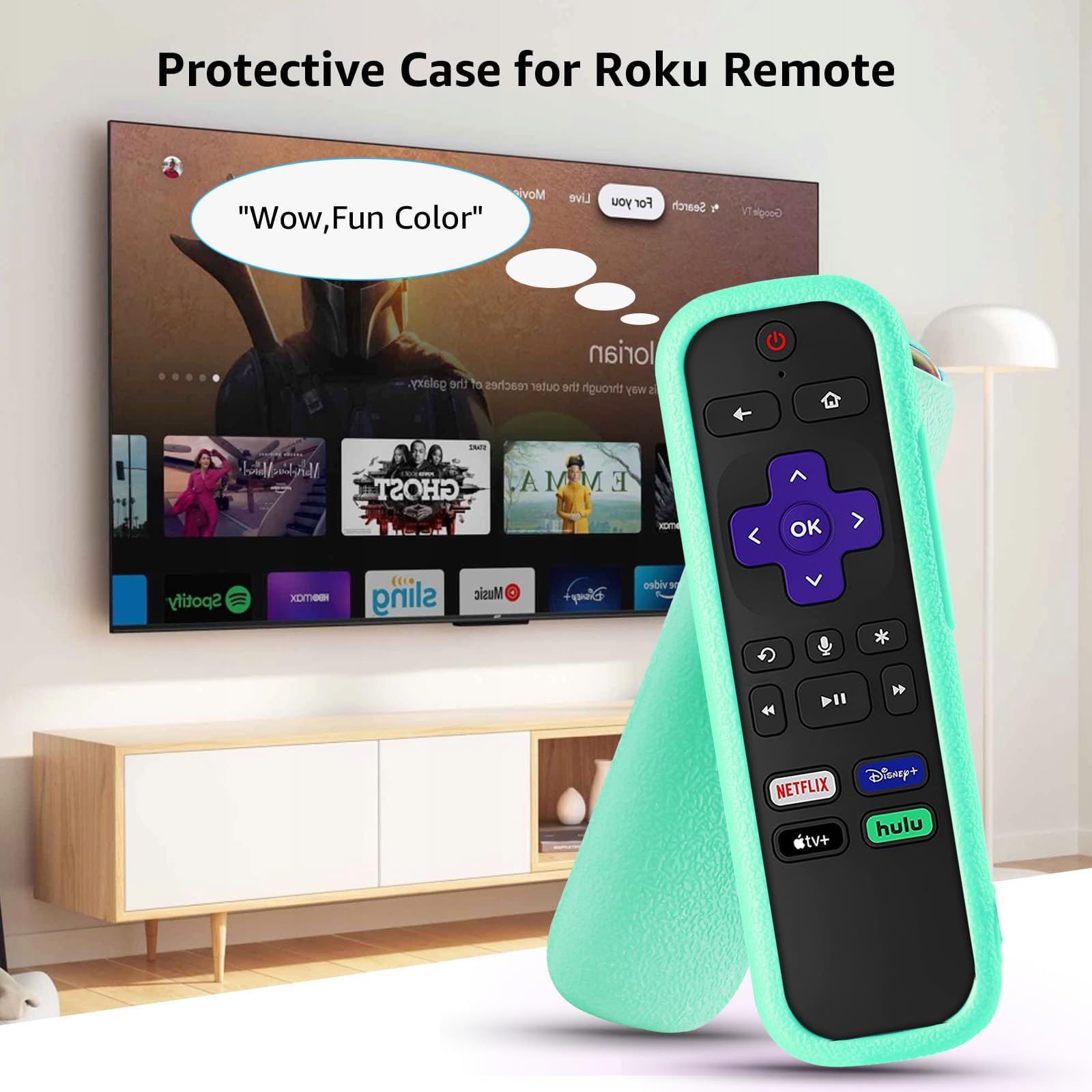 4 Pack Remote Cover for Roku, Case for Hisense/TCL Roku TV Steaming Stick/Express Universal Replacement Controller Silicone Sleeve Skin Glow in The Dark Orange White Light Green Blue with Lanyards