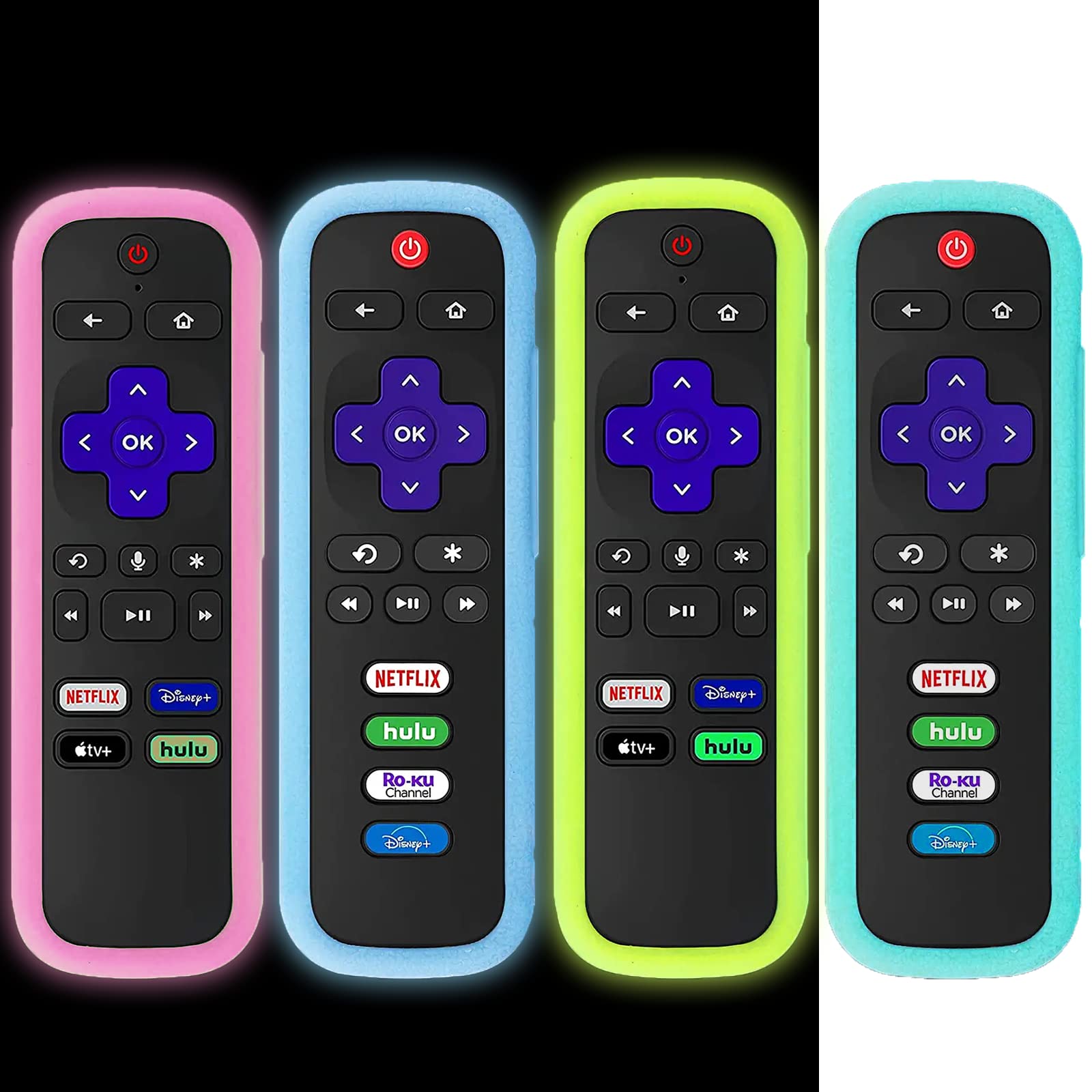 4Pack Silicone Remote Cover for Roku | TCL Hisense Roku Glow in The Dark Remote Case Universal for Roku Express 4K+ 2021 | Roku Streaming Stick+ Remote Controller Sleeve with Lanyards