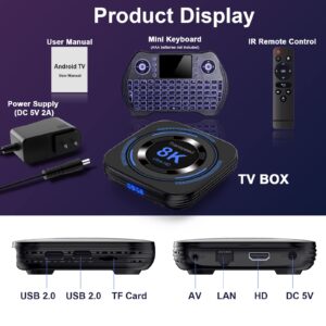 Android TV Box 12.0 4GB 64GB TV Box Android 2024 Support 8K Dual-WiFi 2.4G 5.8G Android Box H618 Chipset with HDR10 BT5.0 USB 2.0 3D Ethernet with Mini Backlit Keyboard