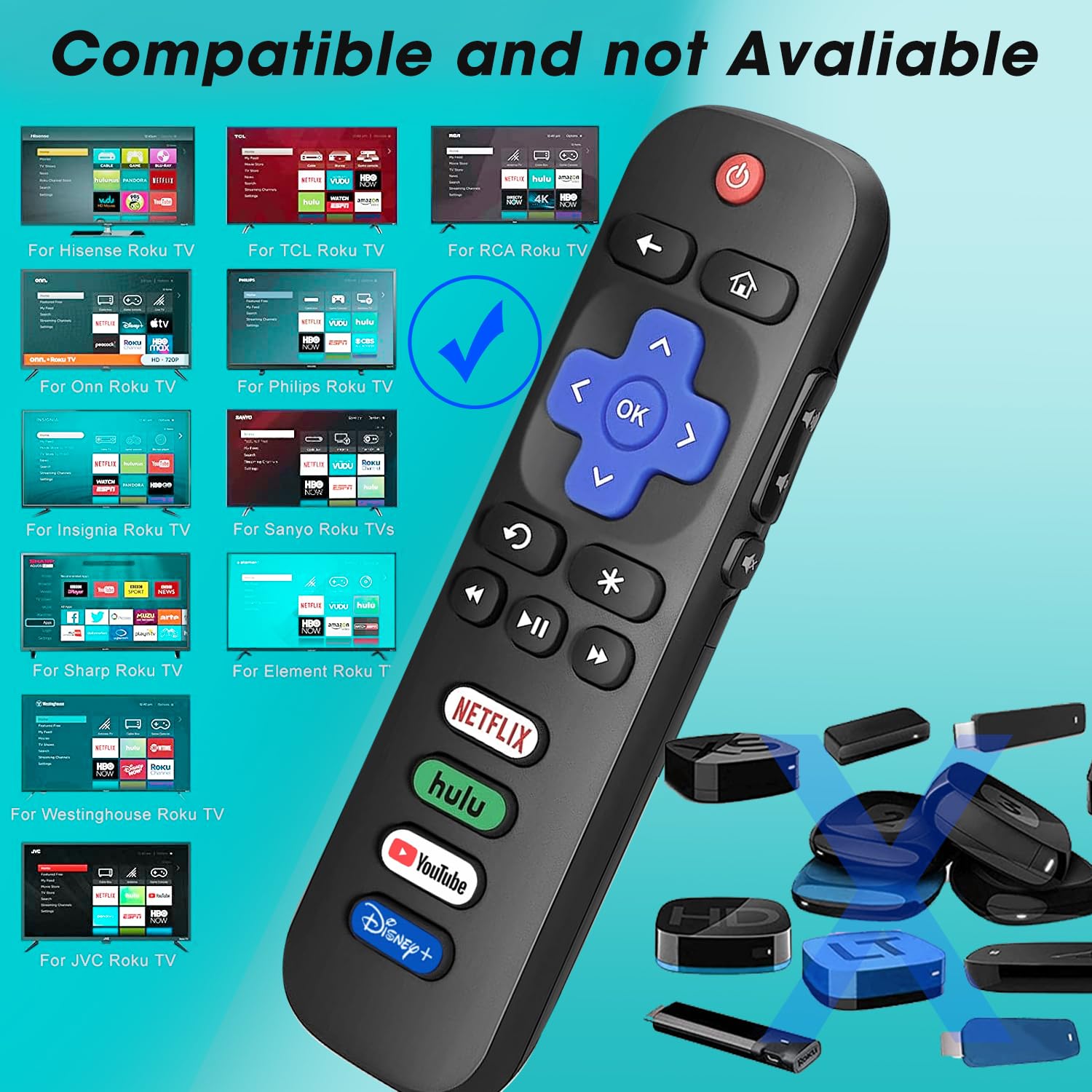 Replacement Roku TV Remote Control Works with All Roku buitl-in LG/TCL/Hisense/Insignia/Philips/Haier/Onn/Element/Sanyo TV, 【Not for Roku Stick and Box】