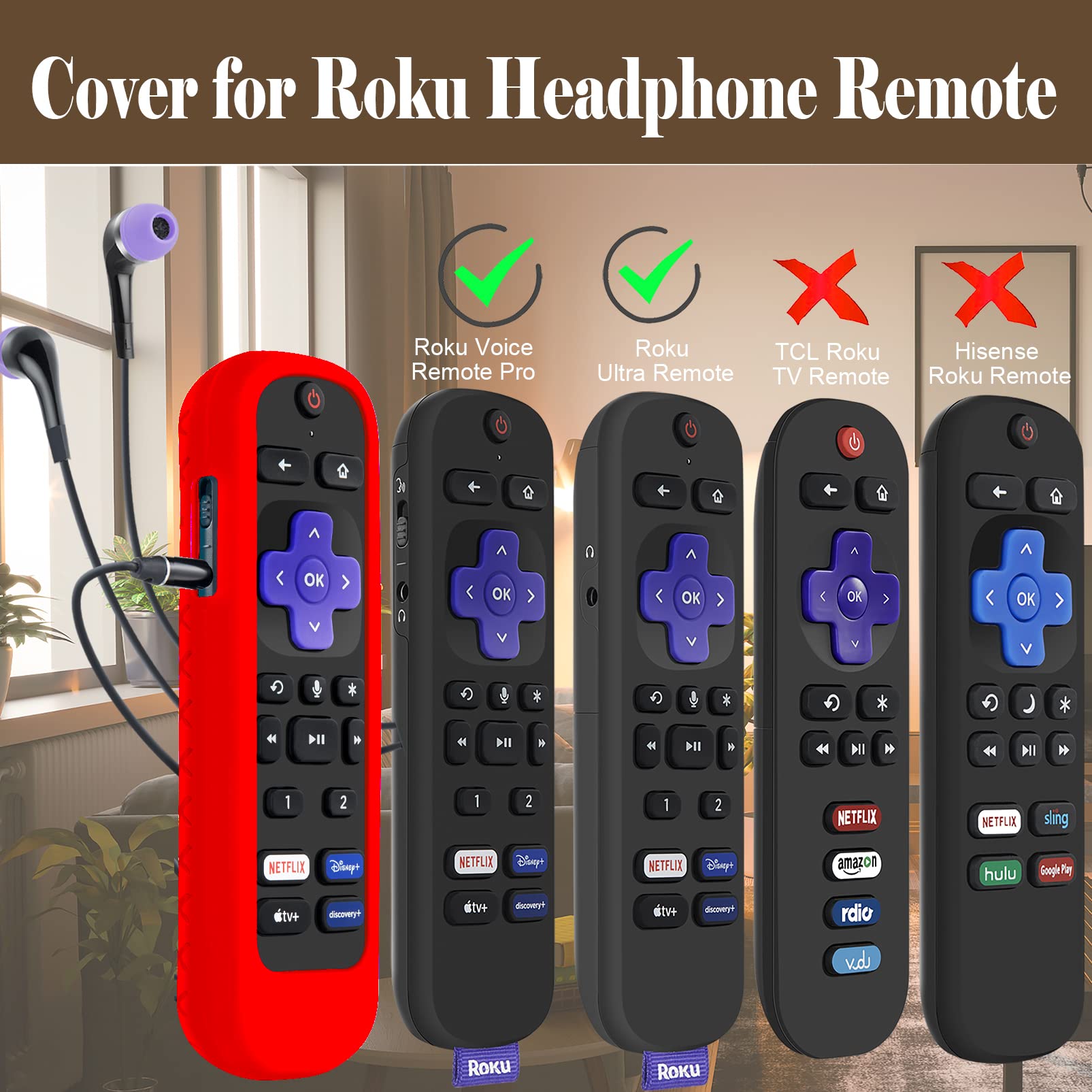 Case for Roku Headphone Remote, Battery Cover for Roku Voice Pro Remote, Rechargeable control with Headphone Jack Silicone Sleeve Skin Red