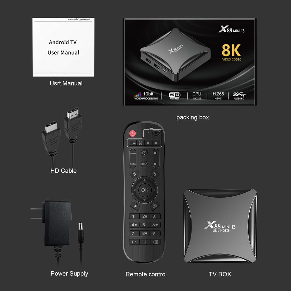 Android 13.0 TV Box,X88 Mini 13 4GB RAM 64GB ROM RK3528 Quad-Core Wifi 2.4G/5.8Ghz 8K HDR10+ Ultra HD USB Smart Home Player