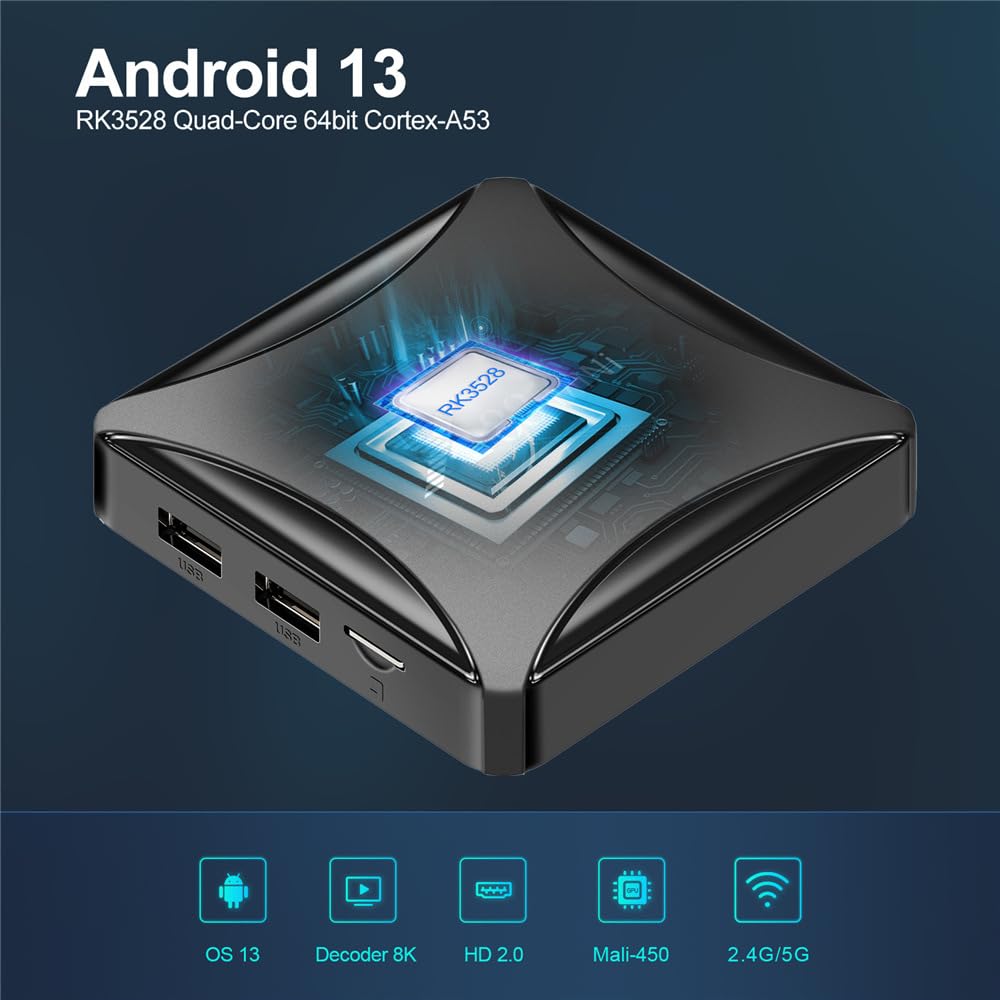 Android 13.0 TV Box,X88 Mini 13 4GB RAM 64GB ROM RK3528 Quad-Core Wifi 2.4G/5.8Ghz 8K HDR10+ Ultra HD USB Smart Home Player