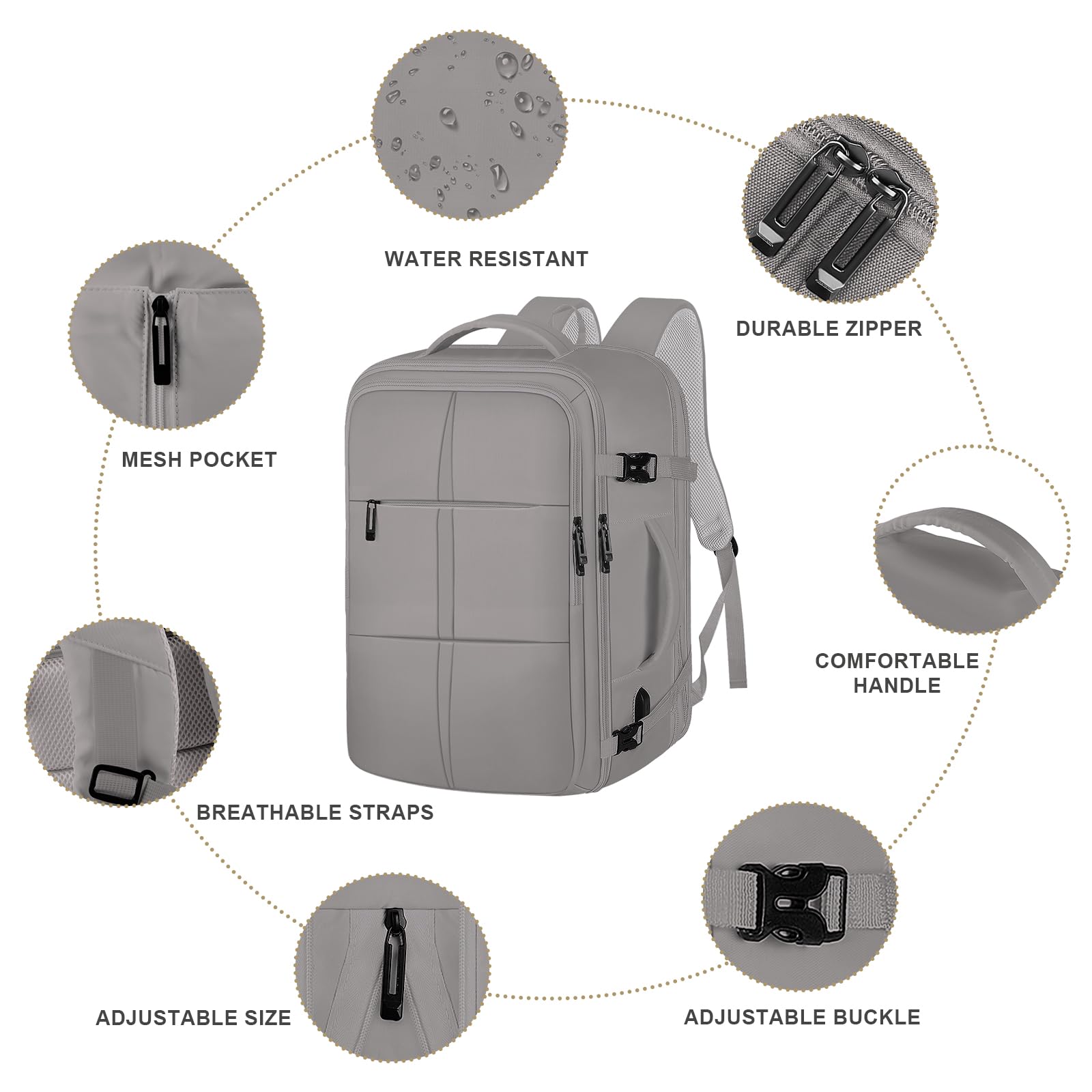 TOTWO Travel Backpack, Carry On Backpack, 40L Extra Large Backpack Flight Approved, Expandable Water Resistant Business Weekender Daypack Luggage Bag with USB Charger Port, Travel Gifts for Men, Grey