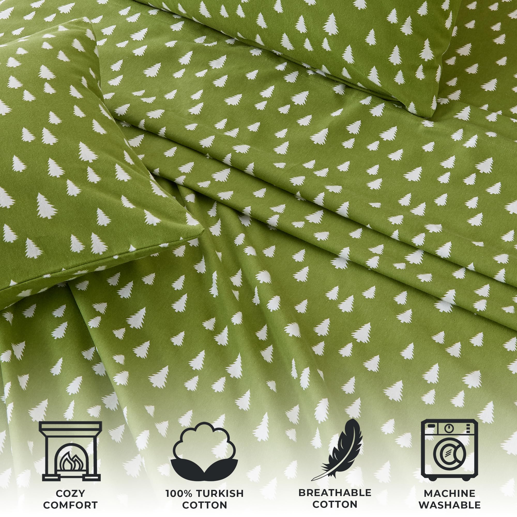 Great Bay Home 4 Piece 100% Turkish Cotton Queen Winter Lodge Flannel Sheet Set | Cotton Printed Bedding Sheets & Pillowcases | Double-Brushed Flannel Bed Sheets (Queen, Little Trees - Olive)