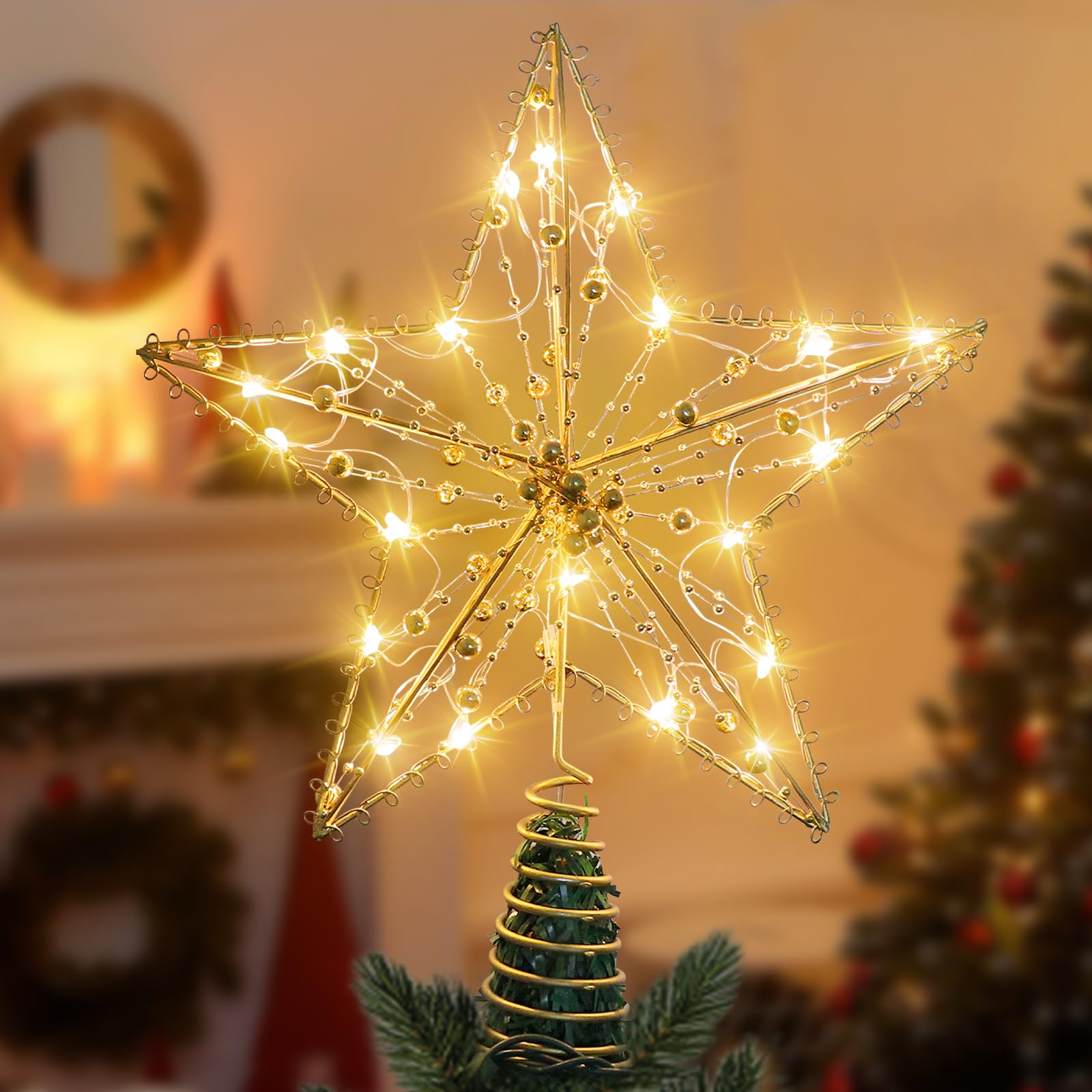 AUMAYCO Gold Christmas Tree Topper Star with Warm White LED Lights and Pearl Beads, 20 LED Lights Star Tree Topper for Christmas Tree Decorations and Xmas Holiday Seasonal Décor, Battery Required