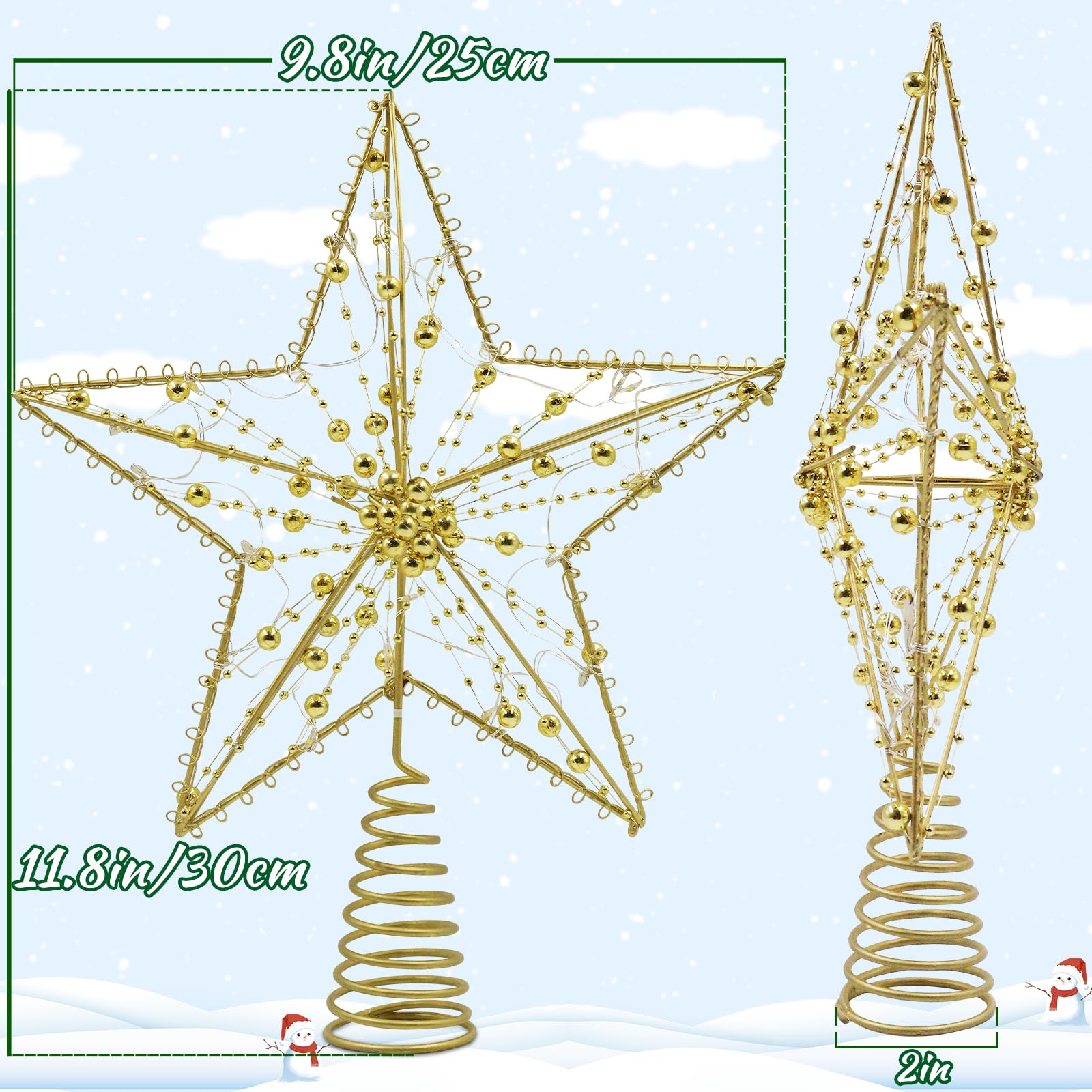 AUMAYCO Gold Christmas Tree Topper Star with Warm White LED Lights and Pearl Beads, 20 LED Lights Star Tree Topper for Christmas Tree Decorations and Xmas Holiday Seasonal Décor, Battery Required