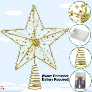 AUMAYCO Gold Christmas Tree Topper Star with Warm White LED Lights and Pearl Beads, 20 LED Lights Star Tree Topper for Christmas Tree Decorations and Xmas Holiday Seasonal Décor, Battery Required