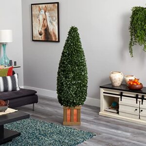 Nearly Natural 5’ Boxwood Cone Topiary Tree with Decorative Planter Artificial Plant, 16" D x16 W x5 Ft, Green