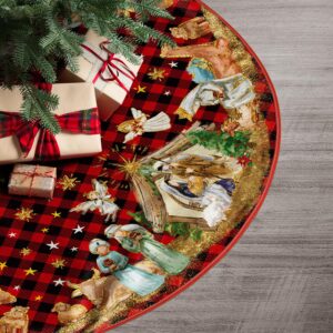 AVOIN colorlife Buffalo Plaid Nativity Christmas Tree Skirt 48 Inch, Jesus Christian Winter Holiday Tree Mat Decoration