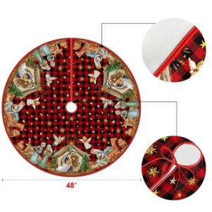 AVOIN colorlife Buffalo Plaid Nativity Christmas Tree Skirt 48 Inch, Jesus Christian Winter Holiday Tree Mat Decoration