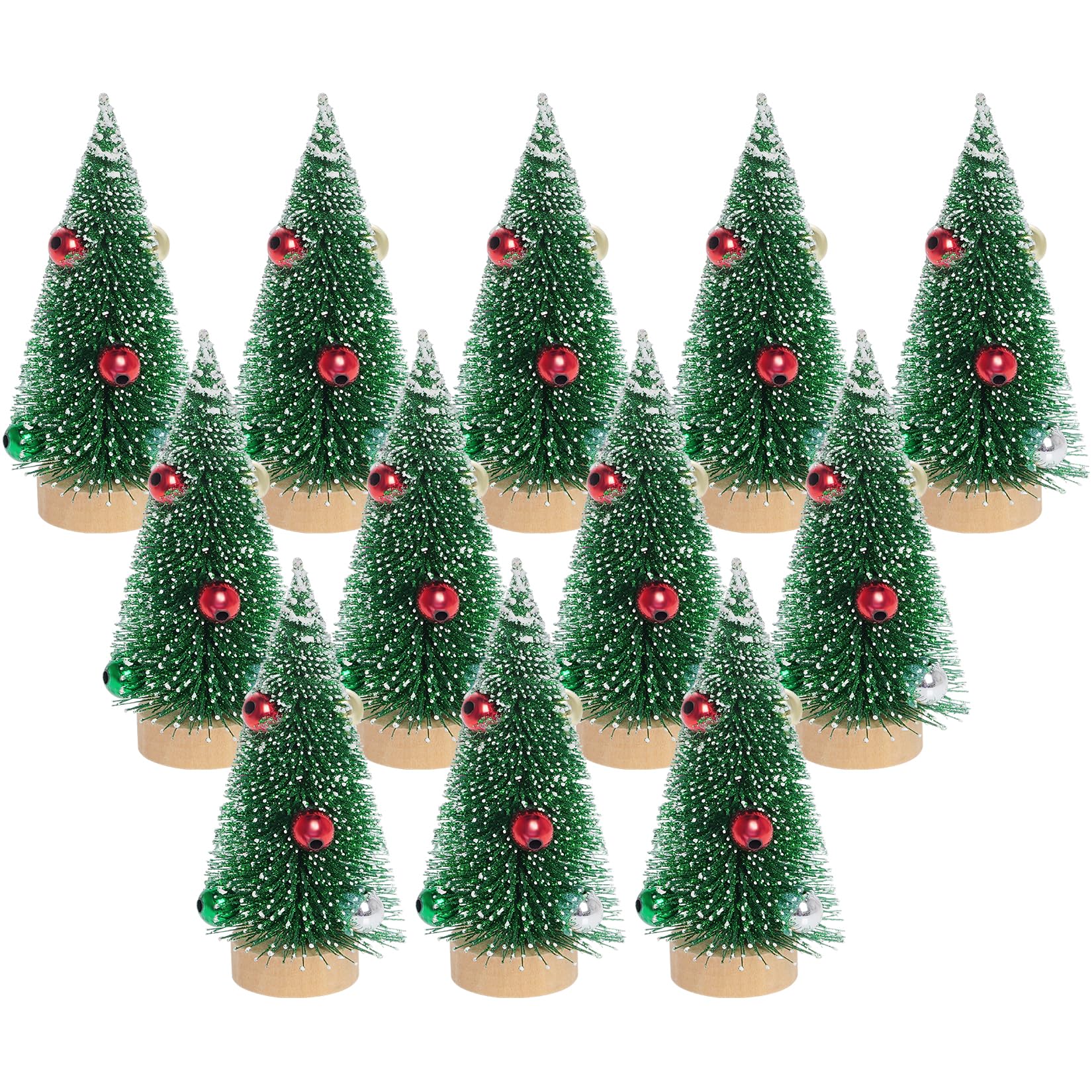 Yookat 12Pcs Mini Christmas Trees Small Sisal Trees Mini Pine Trees with Wood Base Mini Bottle Brush Trees Artificial Mini Christmas Trees Assorted Color for Christmas Winter Decoration (Green)