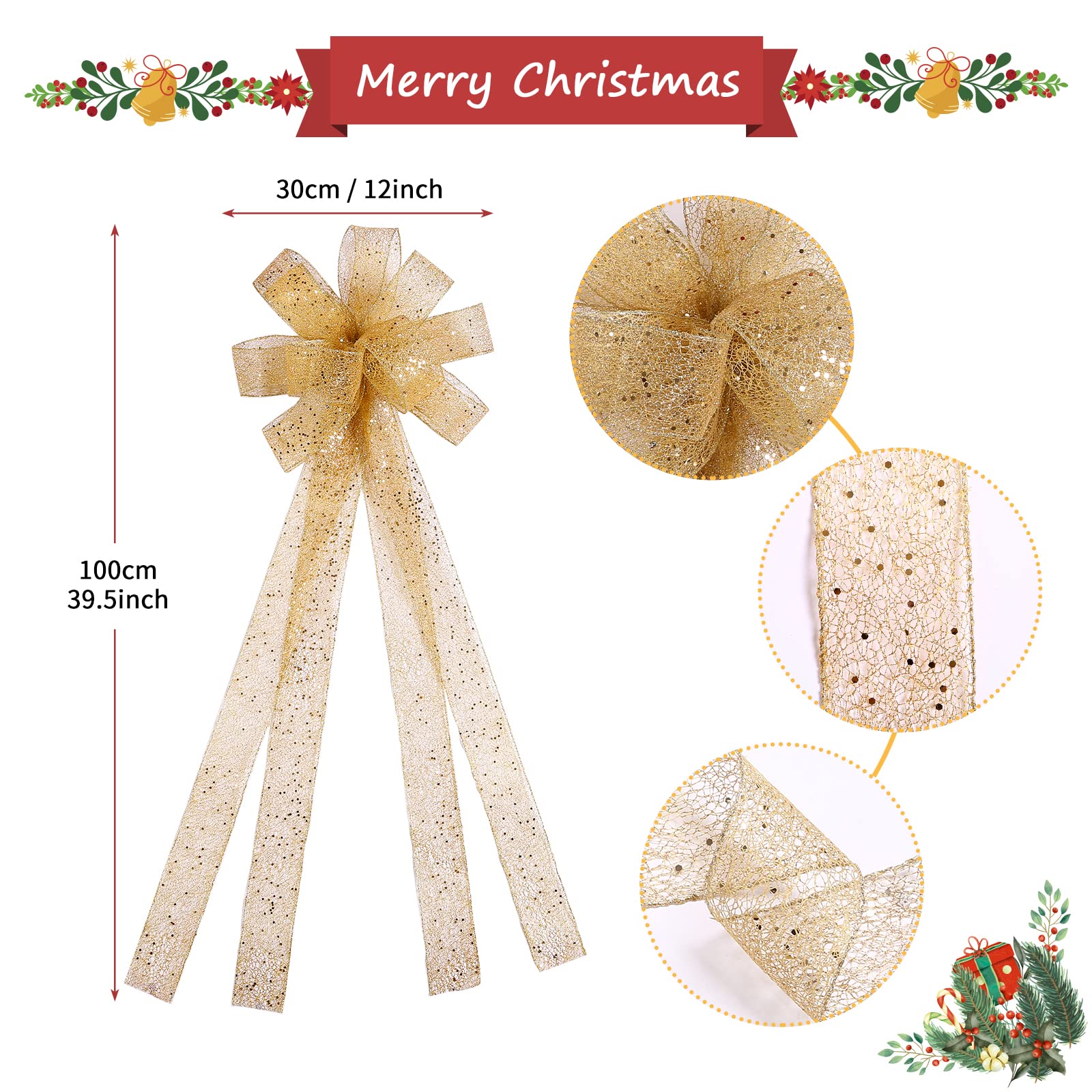 GWHOLE Christmas Tree Toppers Large Gold Xmas Tree Ribbon Bows House Decoration Supplies for Christmas Tree Decorating with Streamers, 12 inch (Gold)