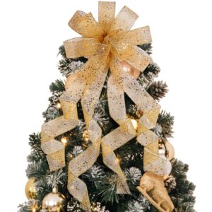 GWHOLE Christmas Tree Toppers Large Gold Xmas Tree Ribbon Bows House Decoration Supplies for Christmas Tree Decorating with Streamers, 12 inch (Gold)