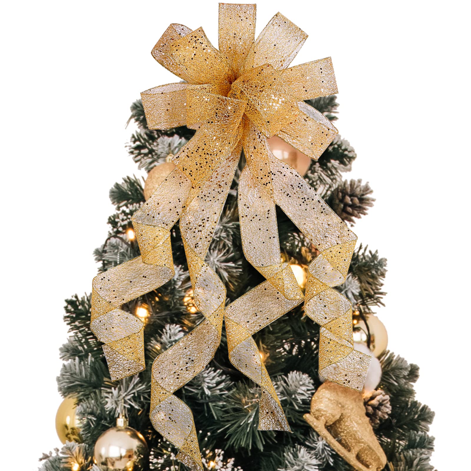 GWHOLE Christmas Tree Toppers Large Gold Xmas Tree Ribbon Bows House Decoration Supplies for Christmas Tree Decorating with Streamers, 12 inch (Gold)