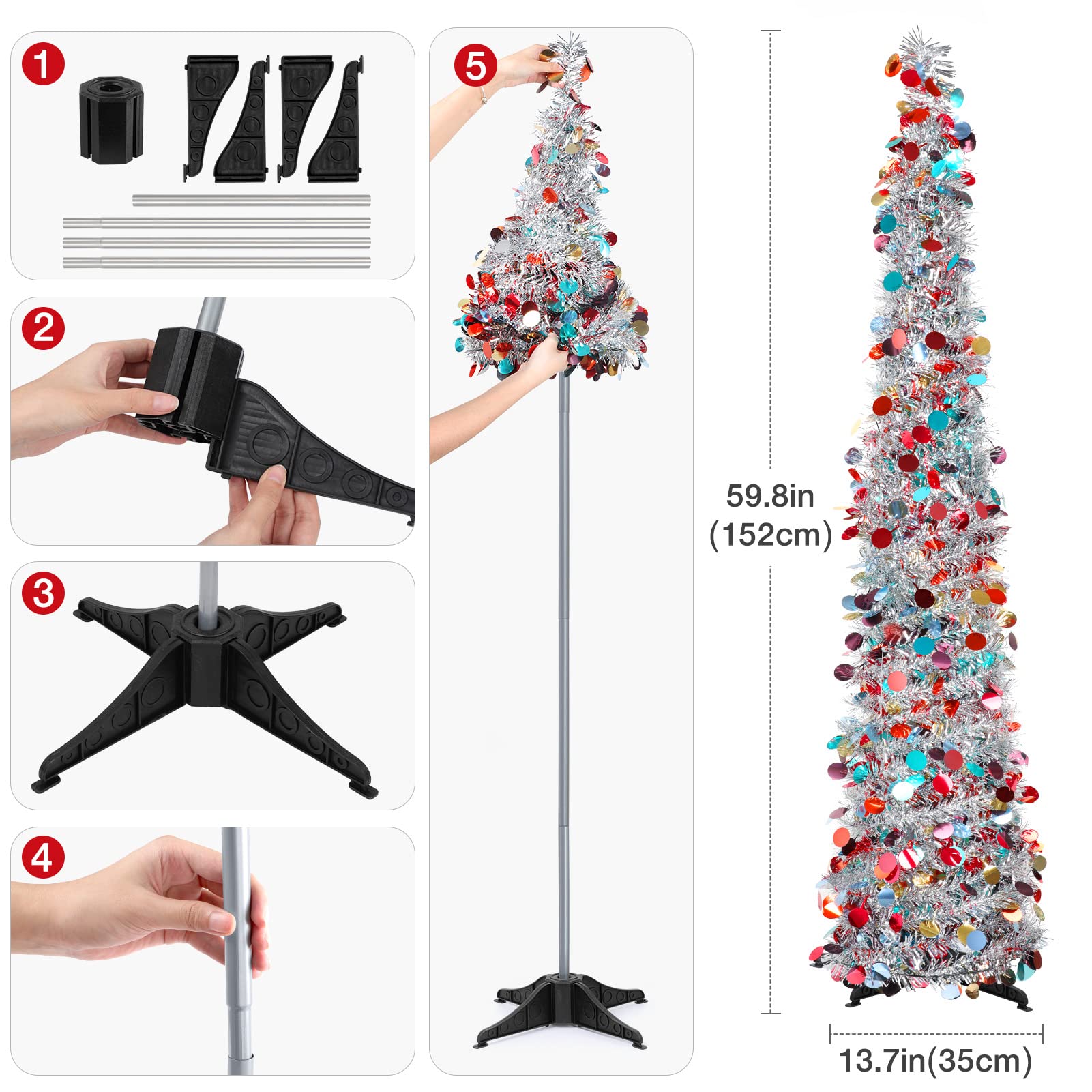 Christmas Tree, 5Ft Artificial Christmas Tree Decorations Pencil Xmas Tree for Home Party Office Fireplace Holiday Decorations (Silver)