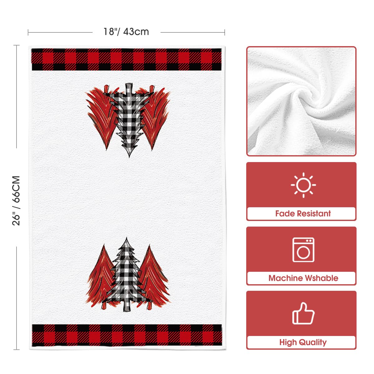 Artoid Mode Red Buffalo Plaid Xmas Trees Joy Christmas Kitchen Towels Dish Towels, 18x26 Inch Daily Winter Decoration Hand Towels Set of 2