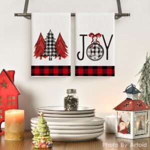 Artoid Mode Red Buffalo Plaid Xmas Trees Joy Christmas Kitchen Towels Dish Towels, 18x26 Inch Daily Winter Decoration Hand Towels Set of 2