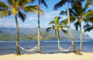 posterazzi usa hawaii kauai two hammocks hanging between palm trees on sandy tropical beach hanalei bay princeville poster print, (17 x 11)