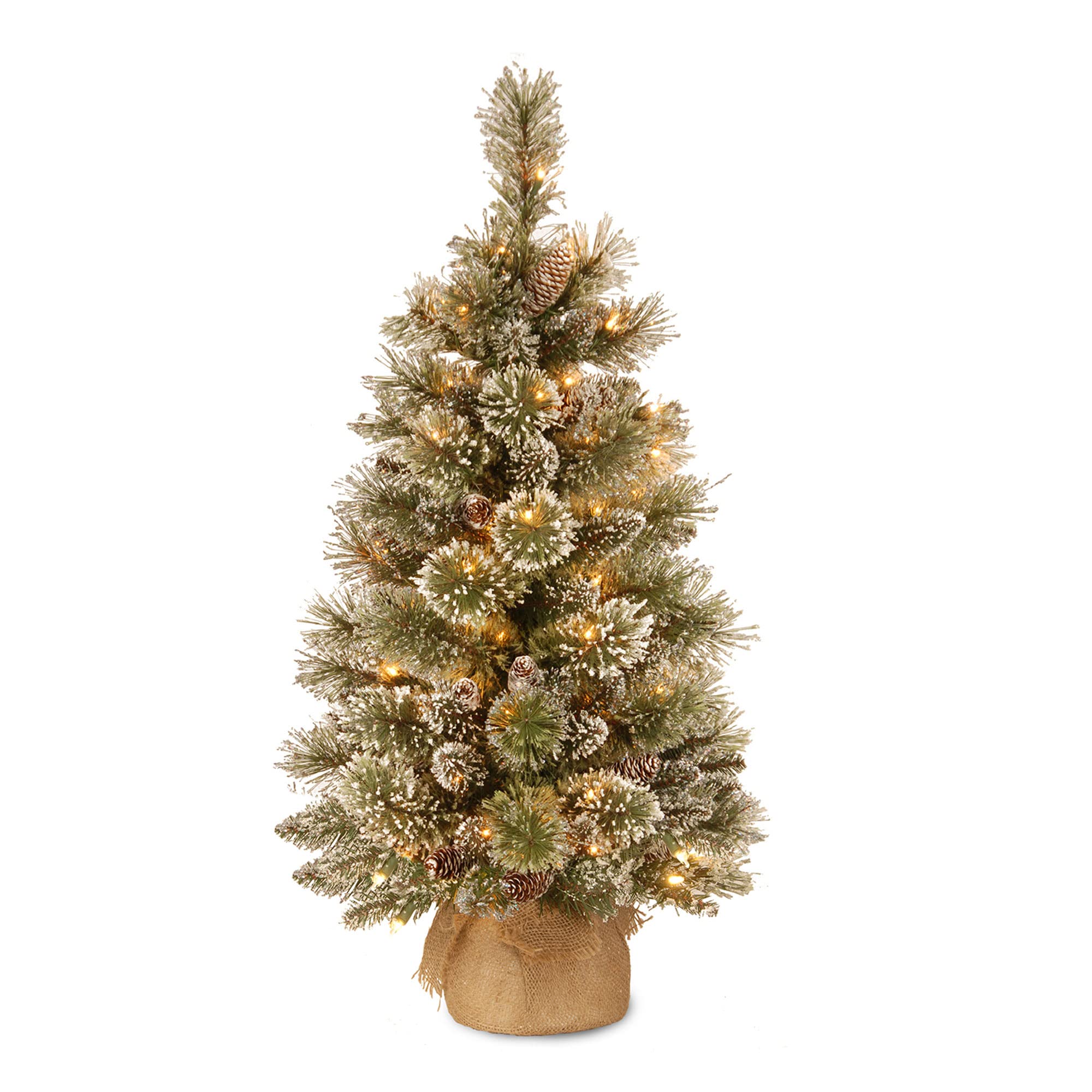 National Tree Company Pre-lit Artificial Mini Christmas Tree | Includes Small White LED Lights, White Tipped Cones, Glitter Branches Pine Cones and Cloth Bag Base | Glittery Bristle Pine - 3 ft