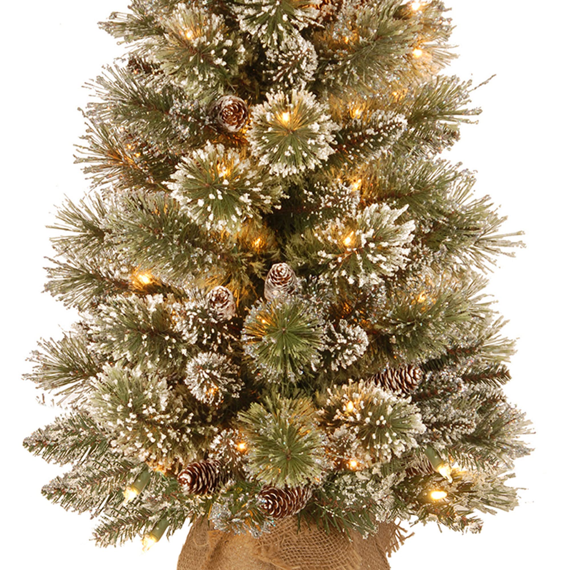 National Tree Company Pre-lit Artificial Mini Christmas Tree | Includes Small White LED Lights, White Tipped Cones, Glitter Branches Pine Cones and Cloth Bag Base | Glittery Bristle Pine - 3 ft