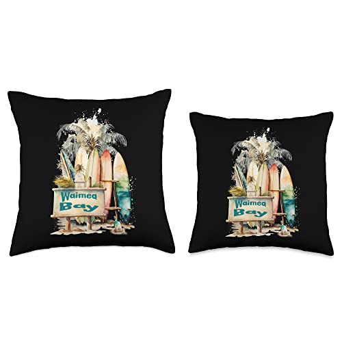 Waimea Bay Oahu Hawaii Surfing Surfboards and Palm Trees Throw Pillow, 18x18, Multicolor