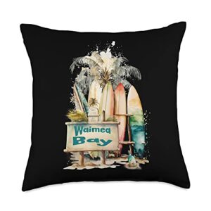 waimea bay oahu hawaii surfing surfboards and palm trees throw pillow, 18x18, multicolor