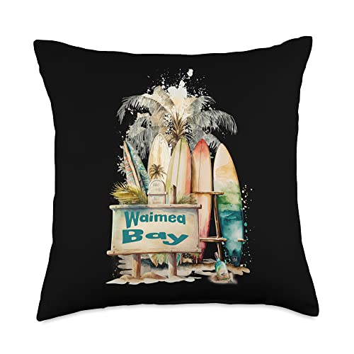 Waimea Bay Oahu Hawaii Surfing Surfboards and Palm Trees Throw Pillow, 18x18, Multicolor