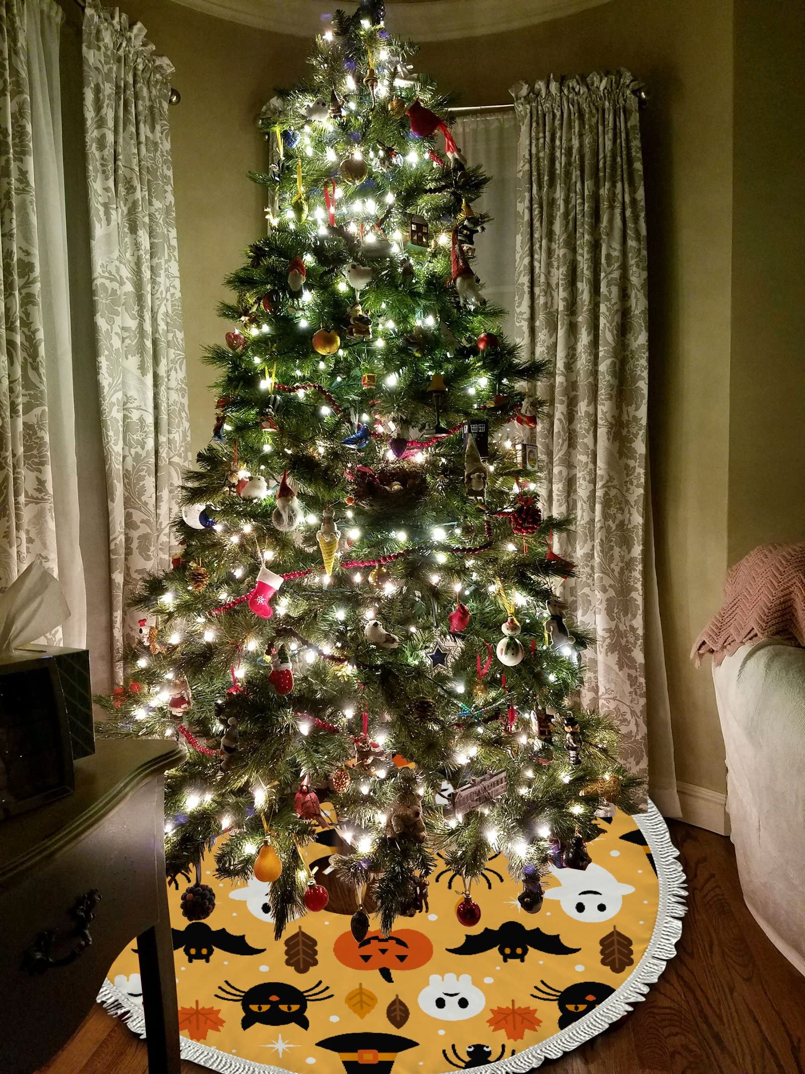 Small Christmas Tree Skirt Halloween Cat Ghost,30 Inch Tree Skirt for Christmas Holiday Party Decoration,Rustic Tree Skirts Mat Home Indoor Outdoor Ornaments