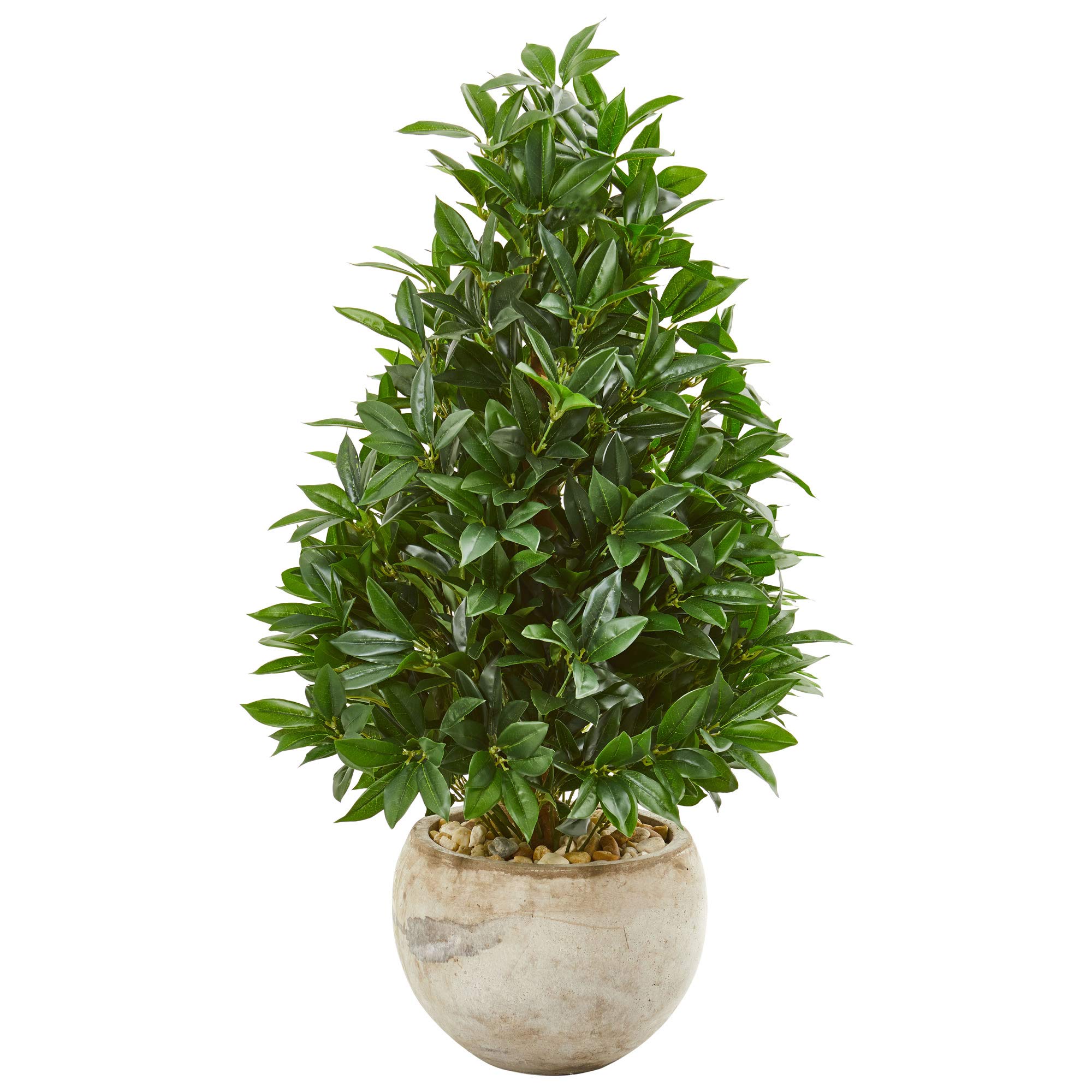 Nearly Natural 38-in. Bay Leaf Cone Topiary Artificial Bowl Planter UV Resistant (Indoor/Outdoor) Silk Trees Green